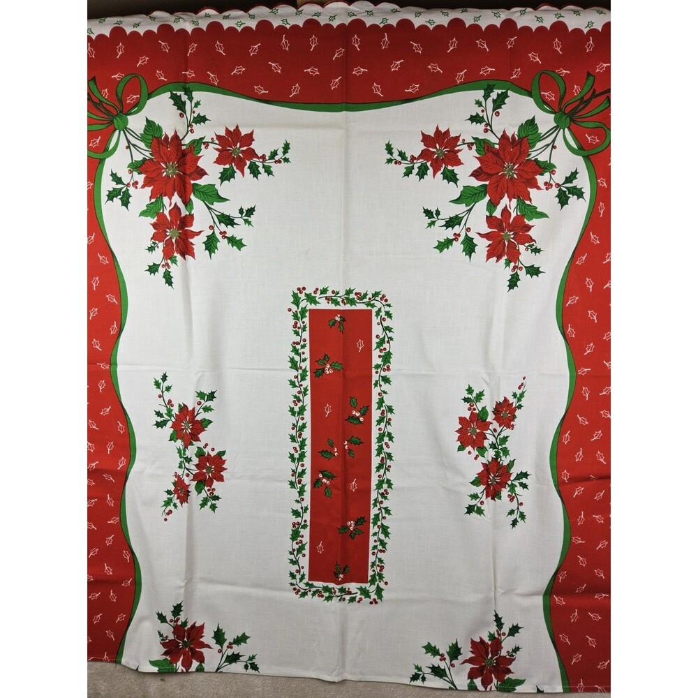 Vintage Christmas Fabric Poinsettia Tablecloth
